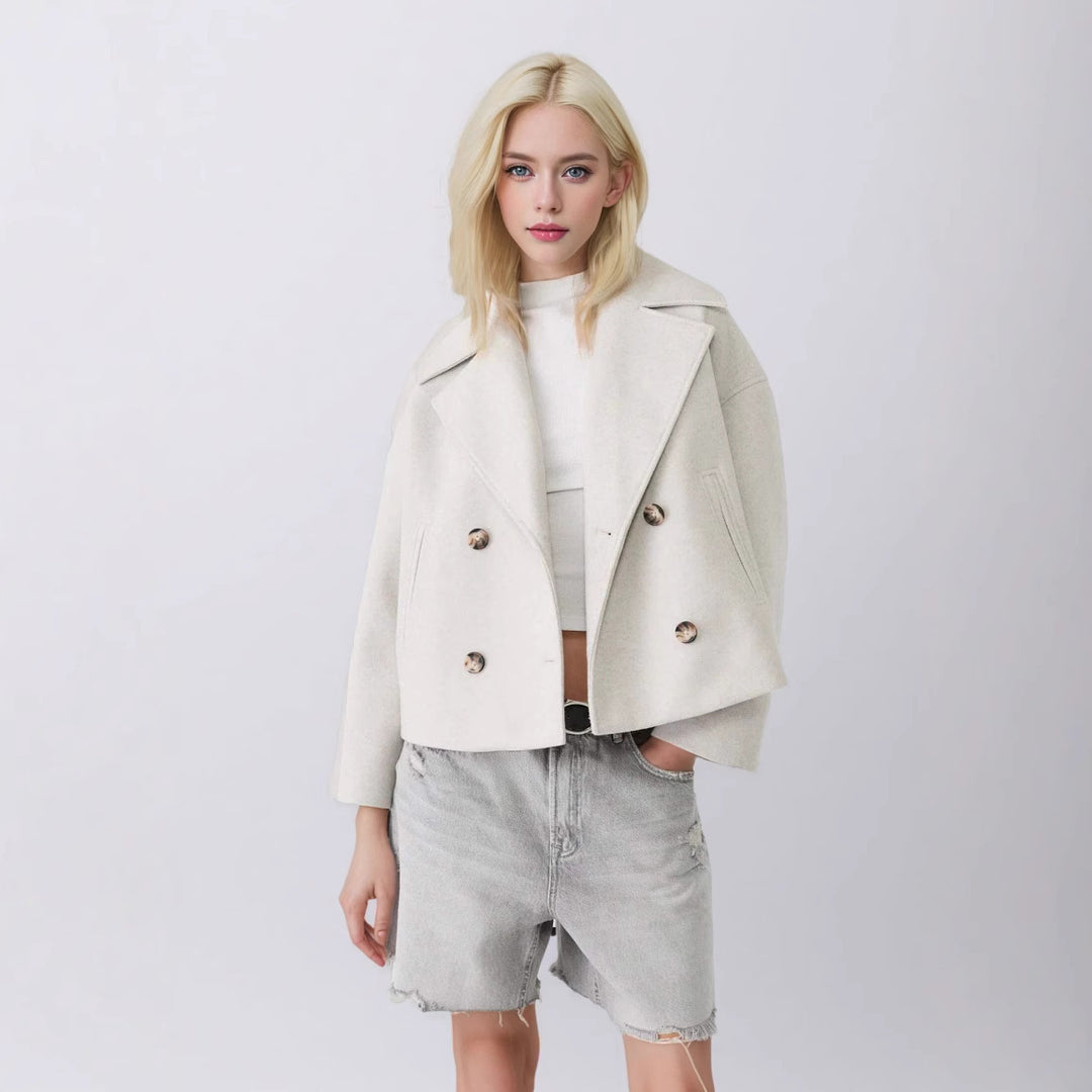 Damen Kurzer Doppelreihiger Wollmix-Mantel mit Oversize-Revers Drune