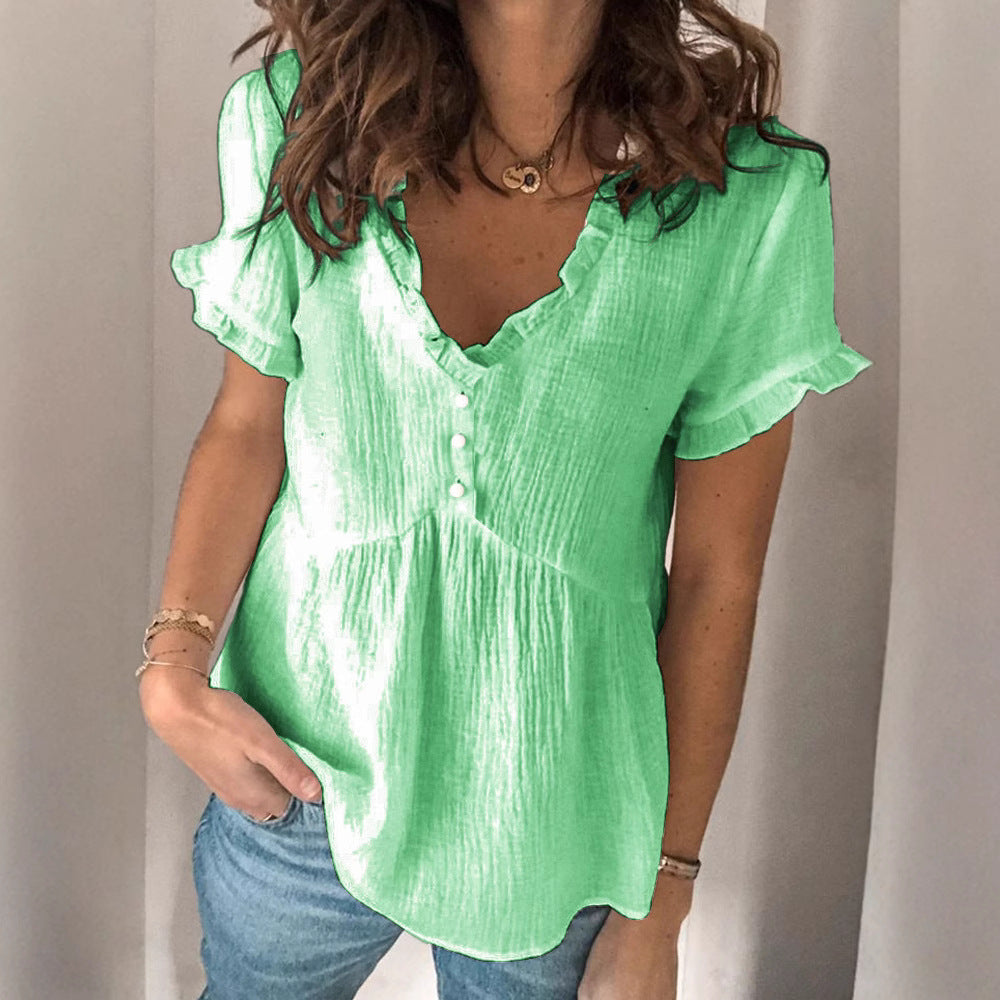 Damen V-Ausschnitt Bluse mit Rüschendetails und Knopfverschluss Drune