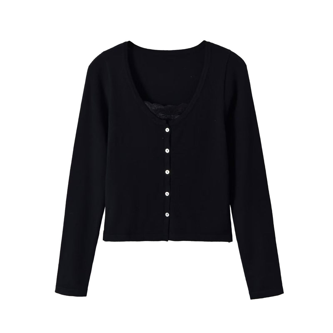 Damen Feinstrick-Cardigan mit Spitzen-Einsatz und durchgehender Knopfleiste Drune