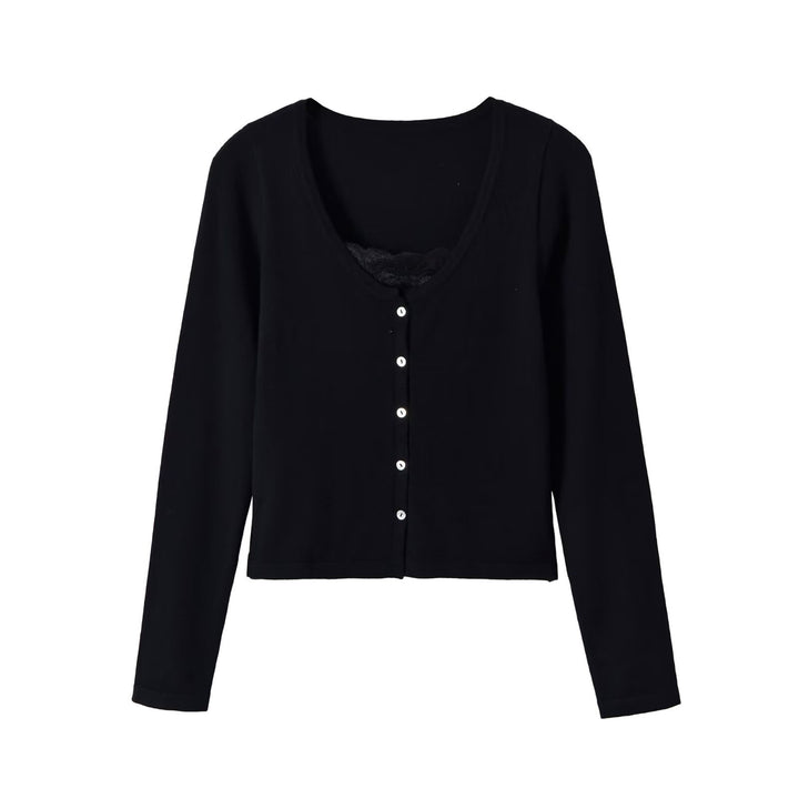 Damen Feinstrick-Cardigan mit Spitzen-Einsatz und durchgehender Knopfleiste Drune
