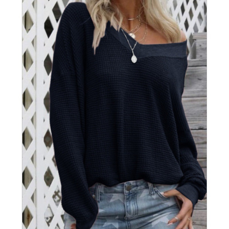 Damen Lockerer Waffelstrick-Pullover mit weitem Off-Shoulder-Ausschnitt und Oversize-Schnitt Drune