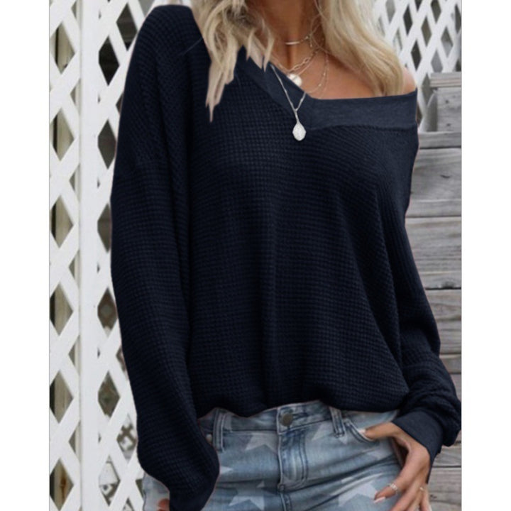 Damen Lockerer Waffelstrick-Pullover mit weitem Off-Shoulder-Ausschnitt und Oversize-Schnitt Drune