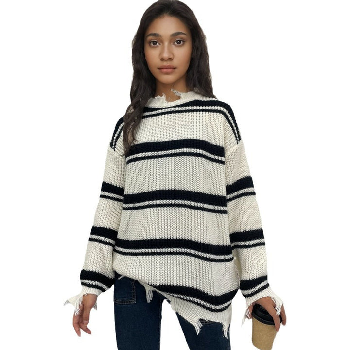 Damen lässiger Streifenpulli mit fransigen Details Drune