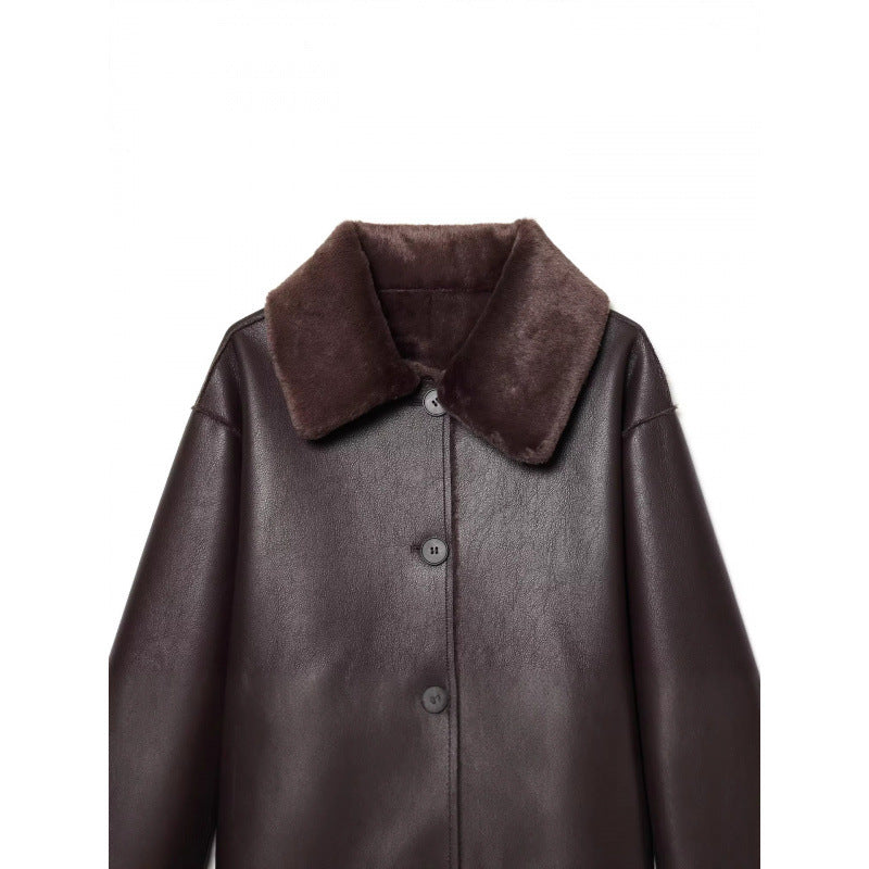 Damen Kurze Wende‑Lammfelljacke mit vollem Umlegekragen und warmer Teddyfütterung Drune