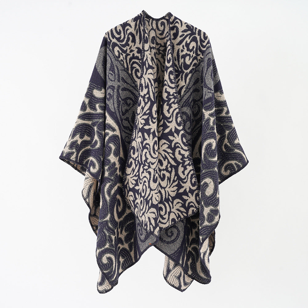 Damen Ornamentaler Jacquard-Capeponcho mit offenem Fall und kastiger Silhouette Drune