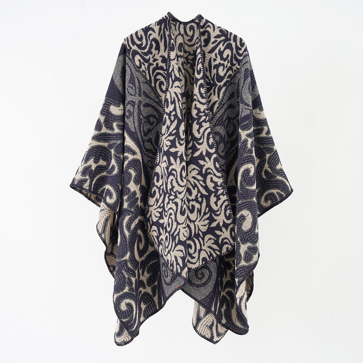 Damen Ornamentaler Jacquard-Capeponcho mit offenem Fall und kastiger Silhouette Drune