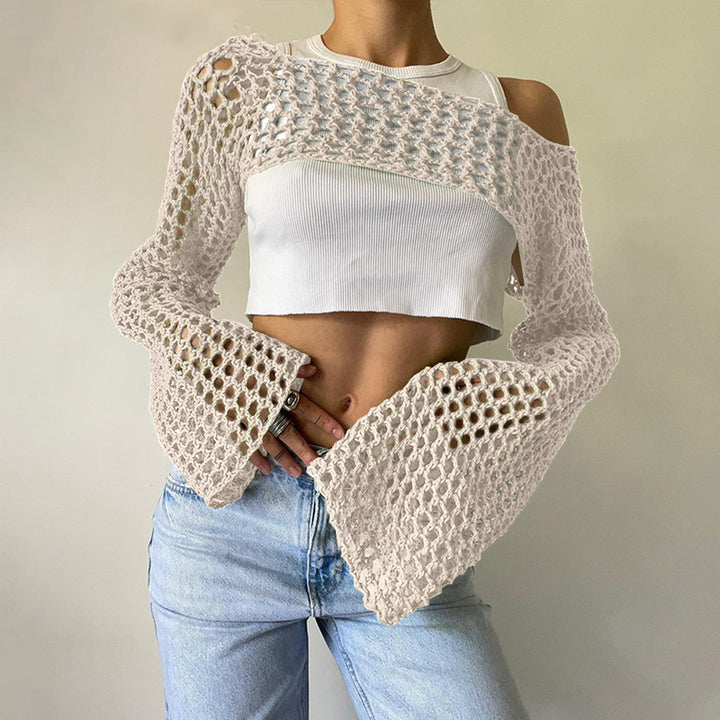 Damen gehäkelter kurzer Bolero mit asymmetrischem Schulterauschnitt und ausgestellten Ärmeln Drune