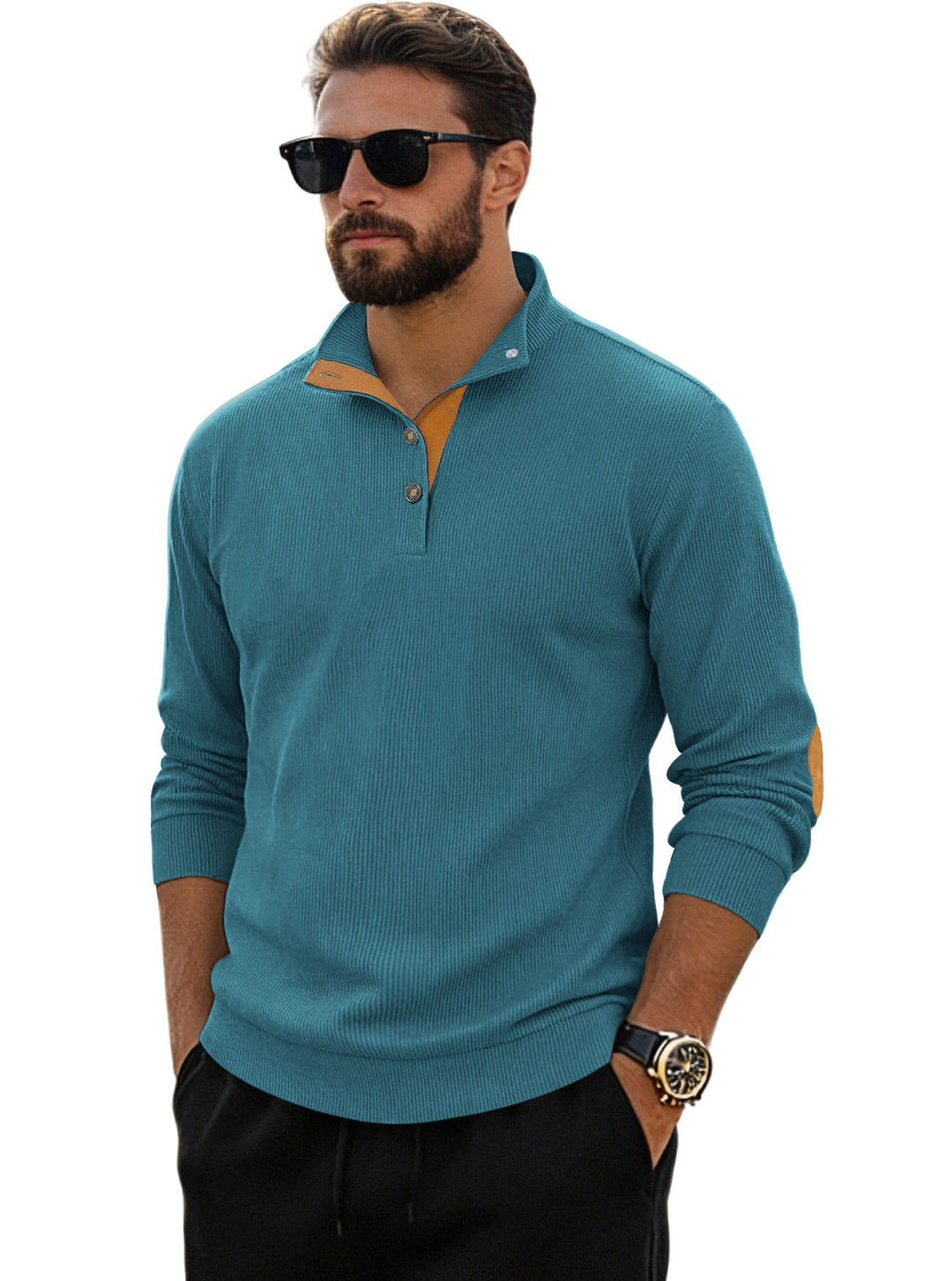 Herren nan fein gerippter Strickpullover mit Polokragen Knopfleiste und Ellenbogenbesatz Drune