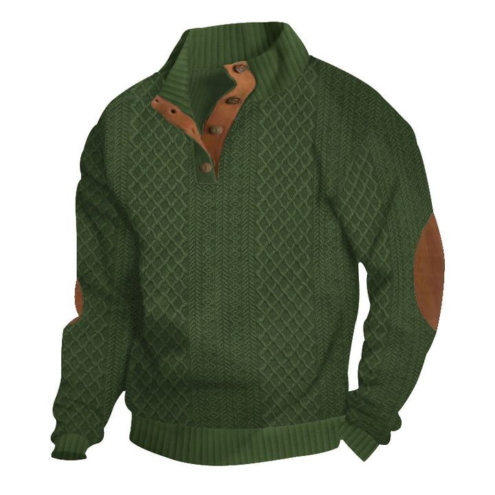 Herren nan gehobener Strickpullover mit Rautenmuster, hohem Rippkragen, knöpfbarer Latzleiste und Lederbesatz an Ellenbogen Drune