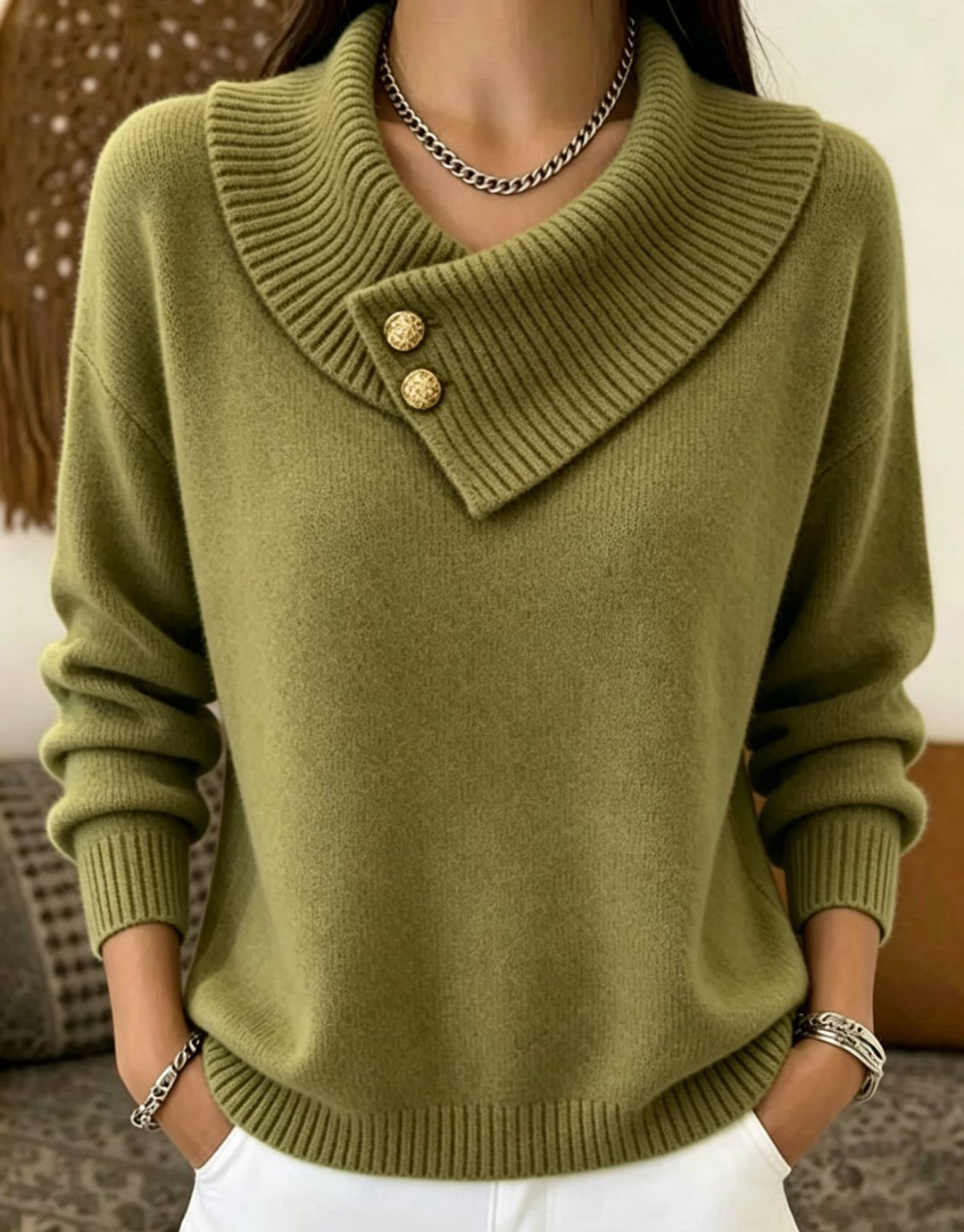 Damen Feinstrick-Pullover mit überlappendem Schalkragen und Zierknöpfen Drune