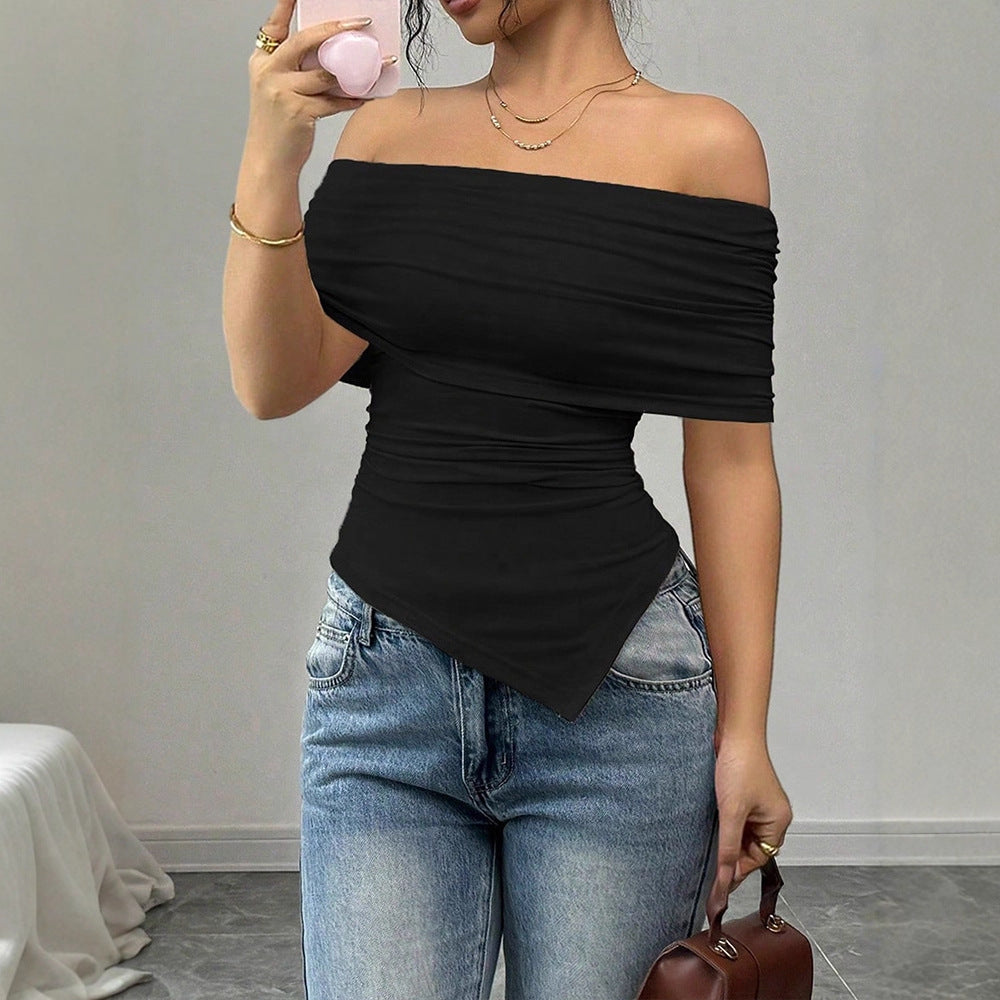 Damen Off-Shoulder Blusenshirt mit asymmetrischem Saum und Raffung Drune