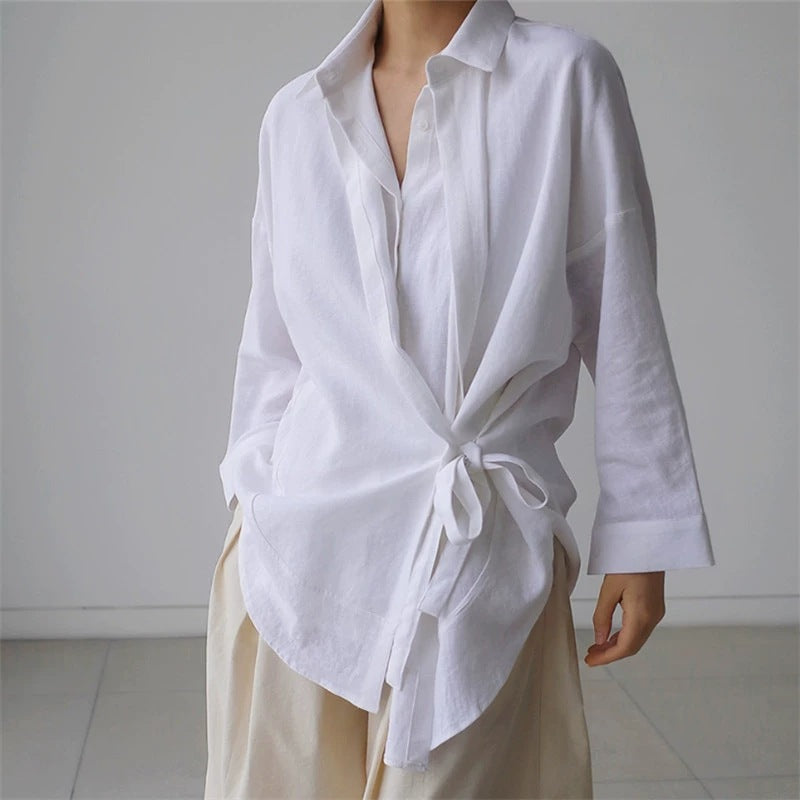 Damen Wickel-Langbluse aus Leinenmix mit Seitenschleife und Oversize-Schnitt Drune