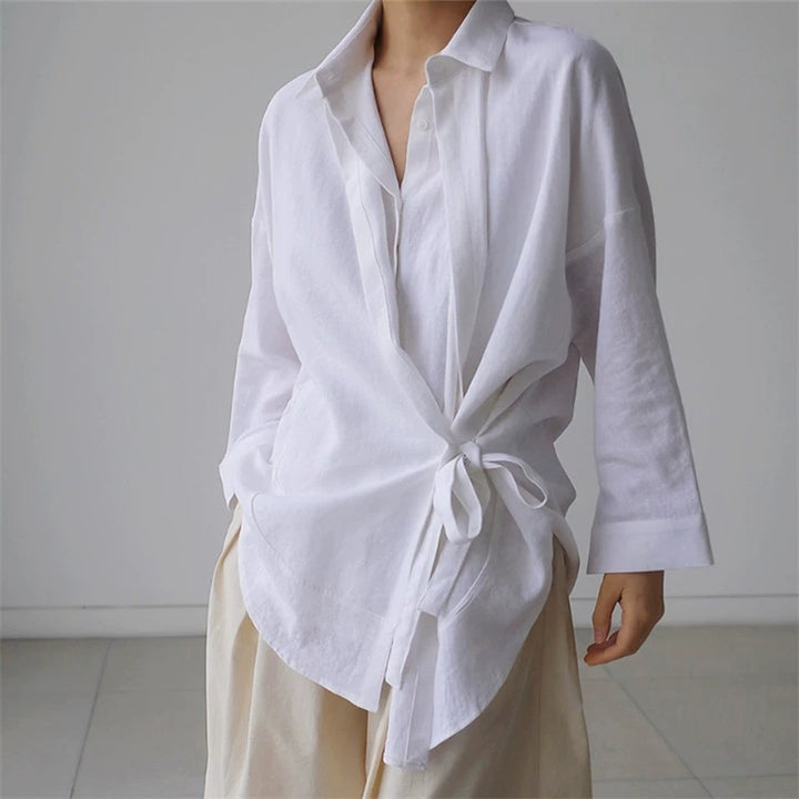 Damen Wickel-Langbluse aus Leinenmix mit Seitenschleife und Oversize-Schnitt Drune