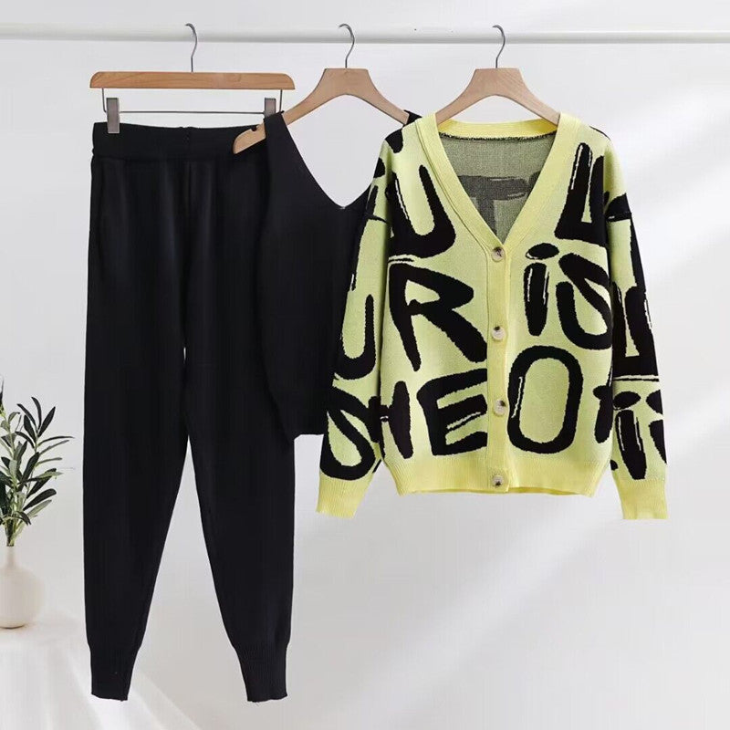 Damen gemütliches Strick-Loungewear-Set mit Dekorativem Schriftzug Drune