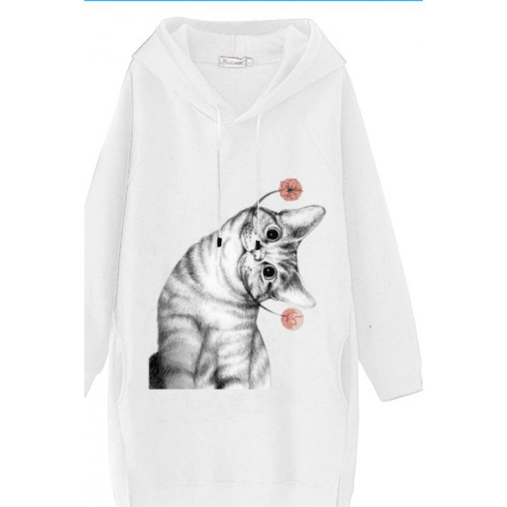 Damen Oversize Kapuzenkleid aus Sweat mit großem Katzenprint und Seitentaschen Drune