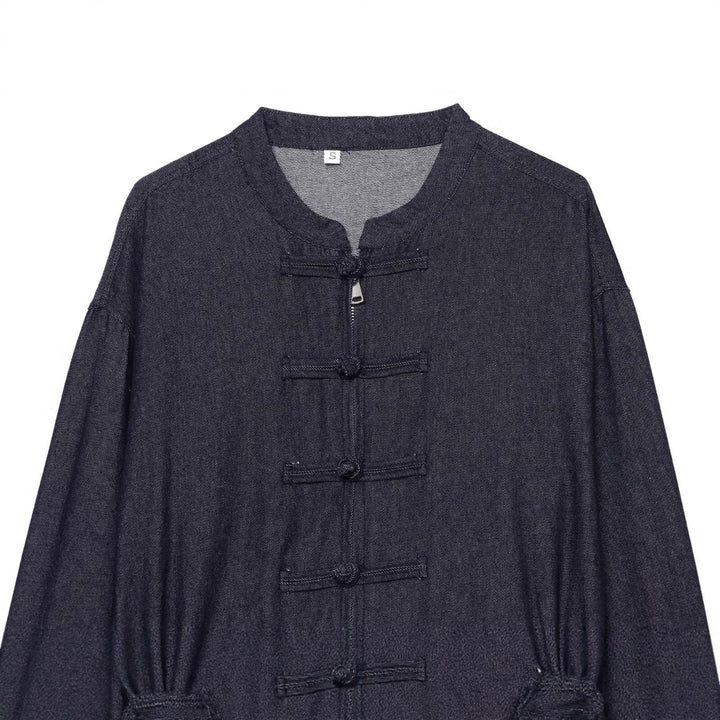 Damen Cropped Jeansjacke im China‑Stil mit Mandarinkragen und Knotenverschlüssen Drune