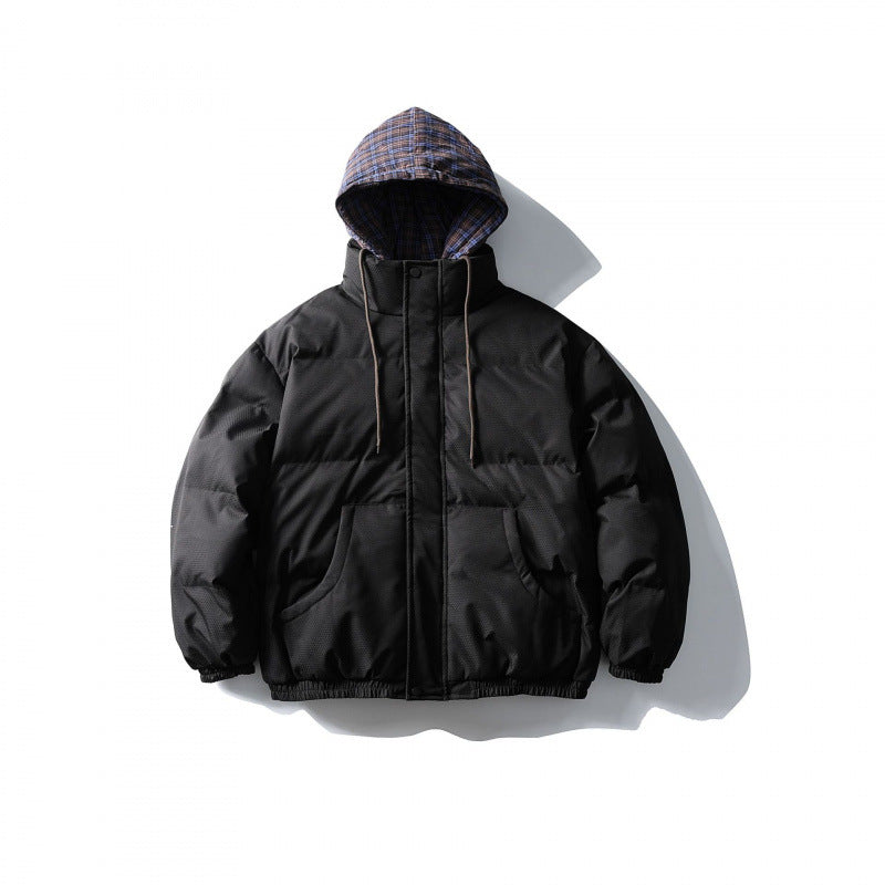 Unisex Wattierte Pufferjacke im kastigen Schnitt mit karierter Einsatzkapuze und hohem Stehkragen Drune