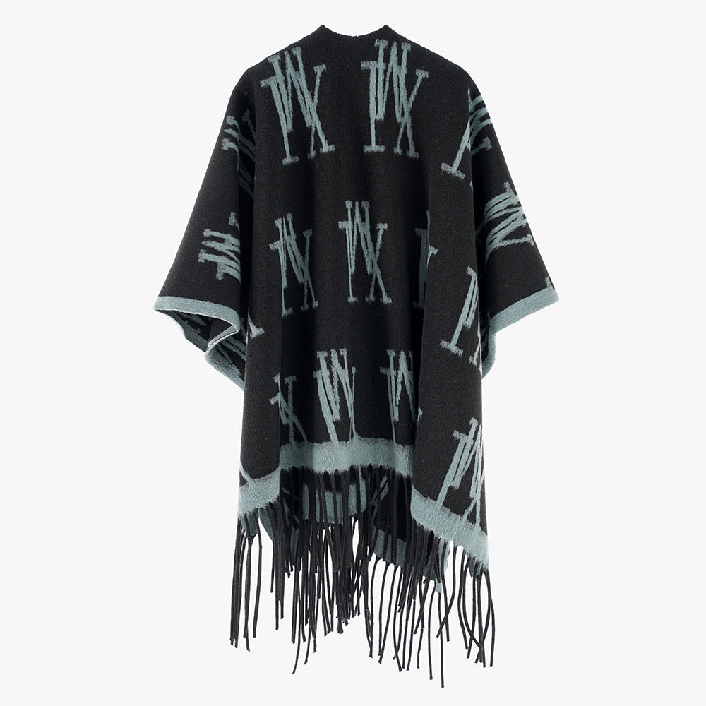 Damen Oversize-Monogramm-Capeponcho aus Wollmix mit Fransensaum Drune