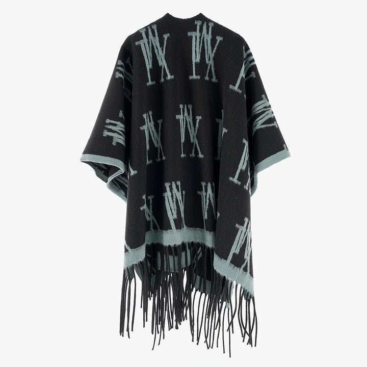 Damen Oversize-Monogramm-Capeponcho aus Wollmix mit Fransensaum Drune