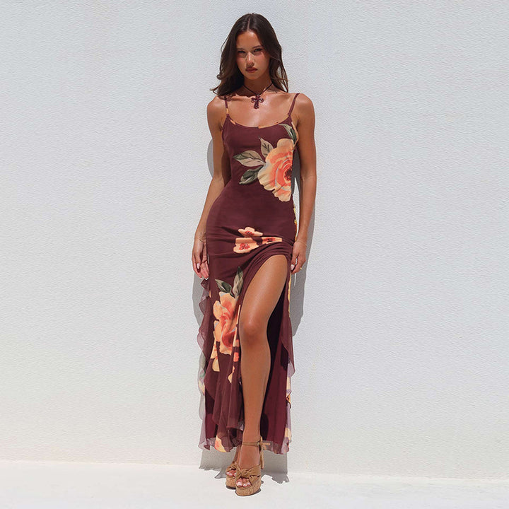 Damen elegantes Maxikleid mit floralem Design und seitlichem Schlitz Drune