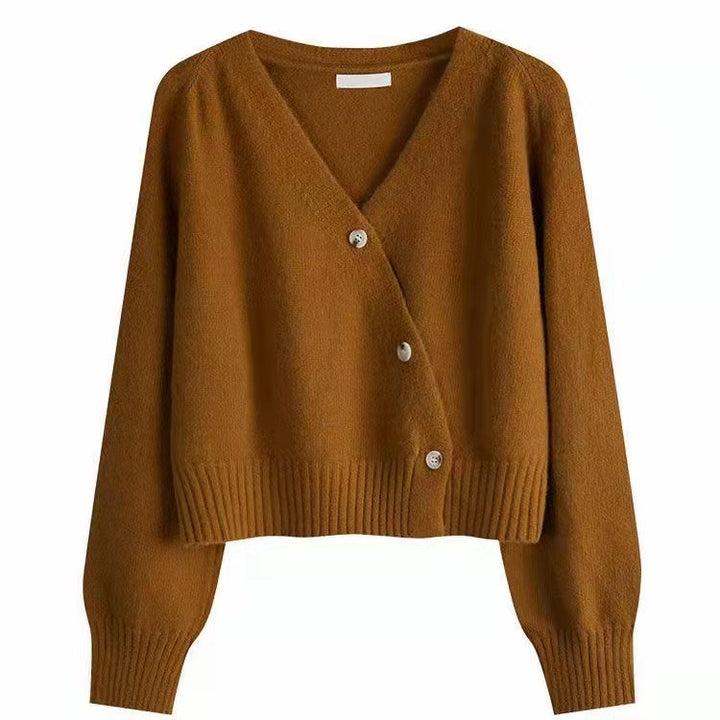Damen kuschelige cropped Strickjacke mit tiefem V-Ausschnitt und großen Knöpfen Drune