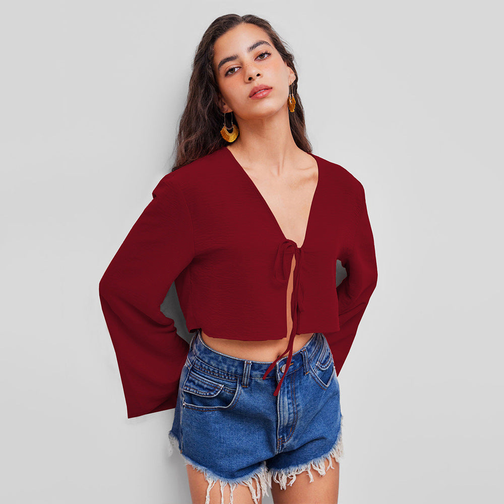 Damen kurzes Bindecrop-Top mit V-Ausschnitt, Knotenbindetail und Glockenärmeln Drune
