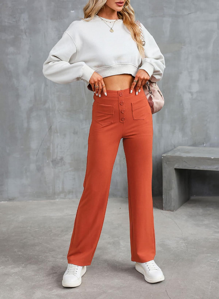 Damen Hochtaillierte weite Hose mit Knopfleiste und aufgesetzten Taschen Drune