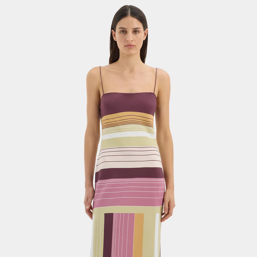Damen nan figurbetontes Maxikleid mit Spaghettiträgern, geradem Ausschnitt, Paneelstreifen und seitlichem Schlitz Drune