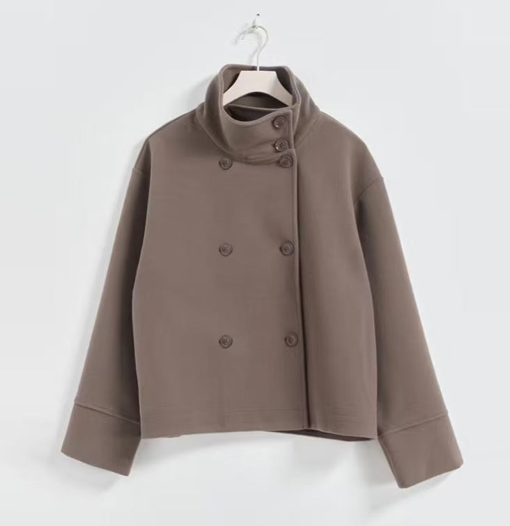 Damen Modische Cropped Jacke mit hohem Kragen und doppelter Knopfleiste Drune