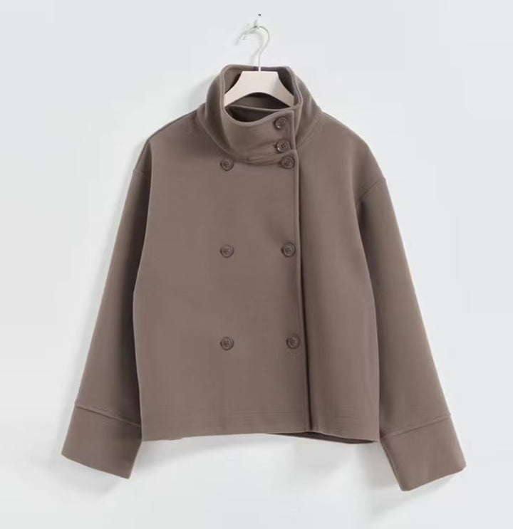 Damen Modische Cropped Jacke mit hohem Kragen und doppelter Knopfleiste Drune