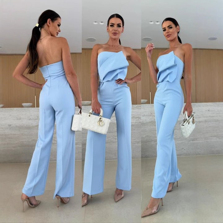 Damen eleganter Jumpsuit mit asymmetrischem Oberteil und weitem Bein Drune