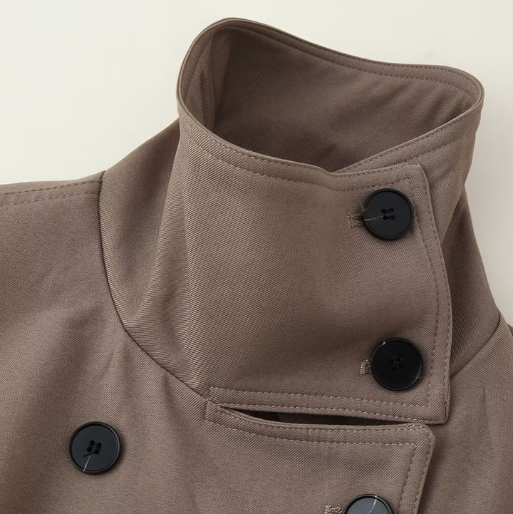 Damen Kurzer doppeltreihiger Trenchcoat mit Stehkragen und Taillengürtel Drune