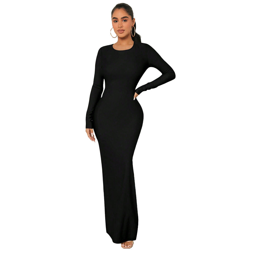 Damen figurnahes Maxikleid mit Rundhalsausschnitt, langem Arm und sculptender Taillenform Drune