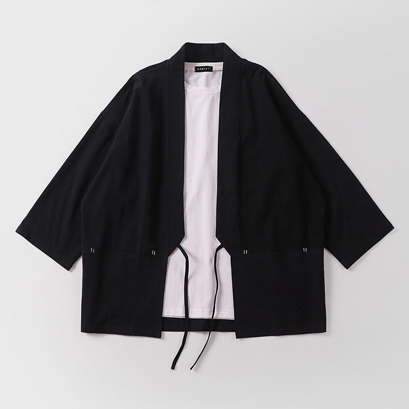 Unisex Kimono-Haori-Jacke mit Bindegürtel und dreiviertelärmeln Drune