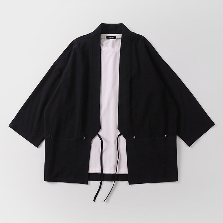 Unisex Kimono-Haori-Jacke mit Bindegürtel und dreiviertelärmeln Drune
