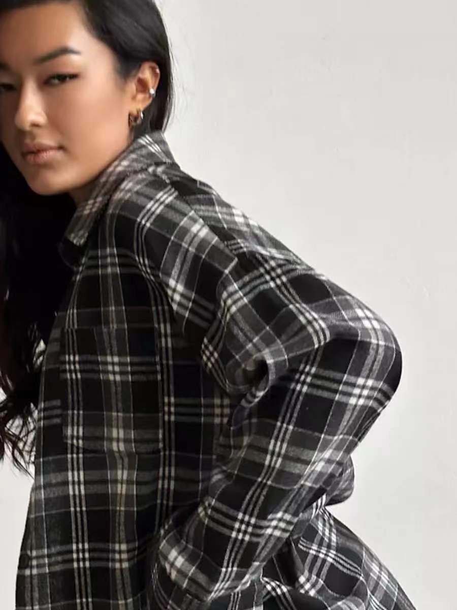 Damen Karo Oversize Flanellhemd Bluse mit Druckknopfblende und Hemdkragen Drune