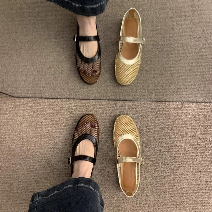 Damen Atmungsaktive Netz-Ballerinas im Mary-Jane-Stil mit verstellbarem Riemen Drune