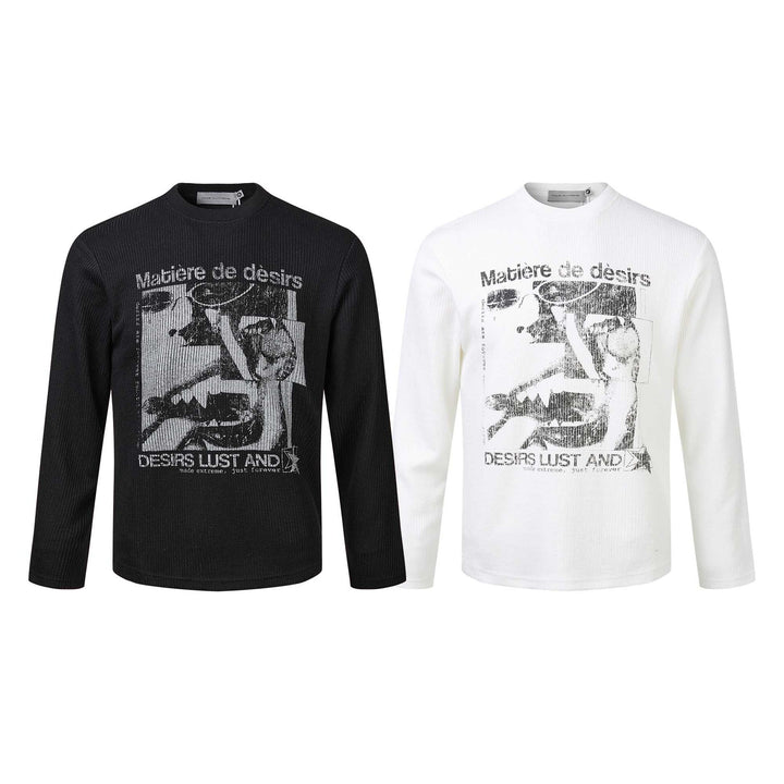Unisex Geripptes Langarmshirt mit Rundhals und distressed Grafikprint Drune