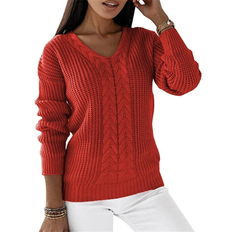 Damen nan grob gestrickter V-Ausschnitt Pullover mit Zopfmuster und lockerer Silhouette Drune