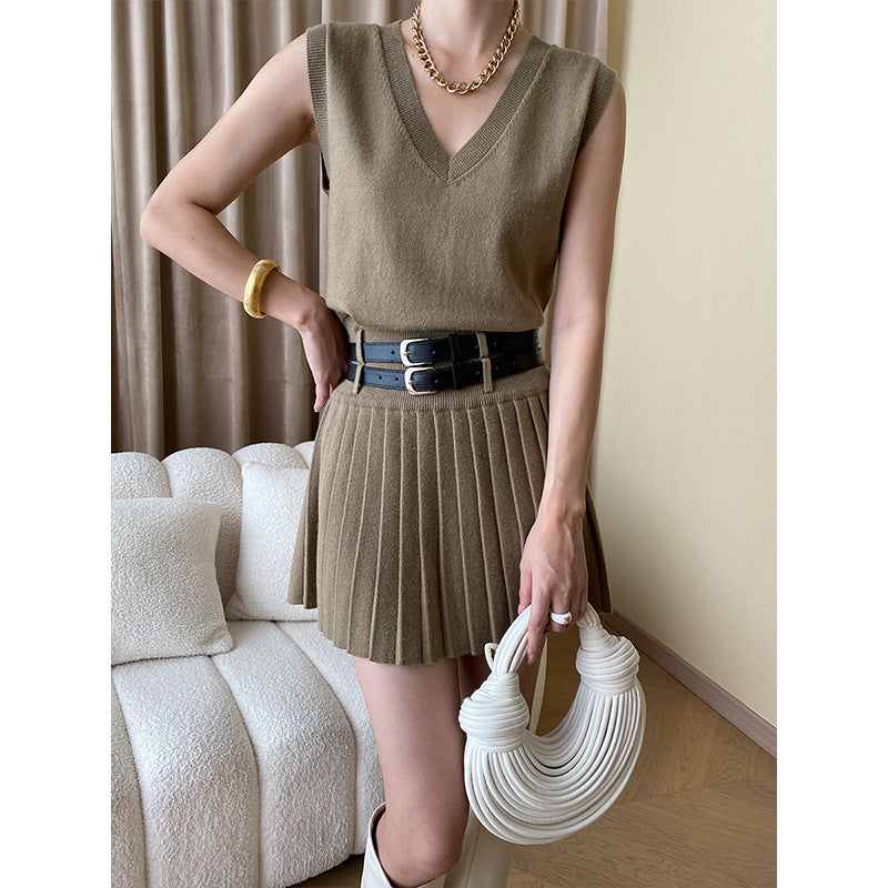 Damen eleganter V-Ausschnitt Strickpullover mit plissiertem Rock Drune