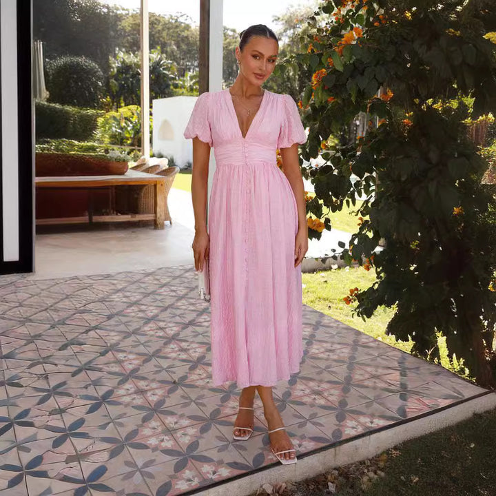 Damen Maxi-Kleid mit romantischem V-Ausschnitt und festlichem Rüschendesign Drune