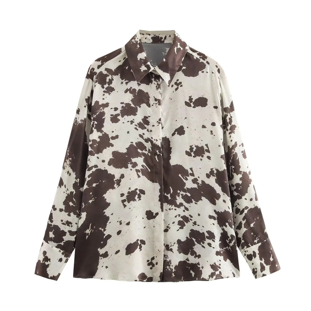 Damen 70+ weite seidige Hemdbluse mit Cow‑Print und verdeckter Knopfleiste Drune