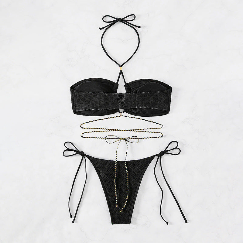 Damen Bandeau-Bikini mit dekorativem Kettenakzent und verstellbaren Bindebändern Drune