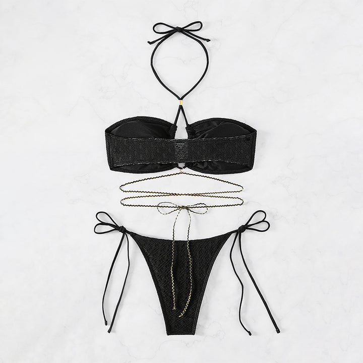 Damen Bandeau-Bikini mit dekorativem Kettenakzent und verstellbaren Bindebändern Drune