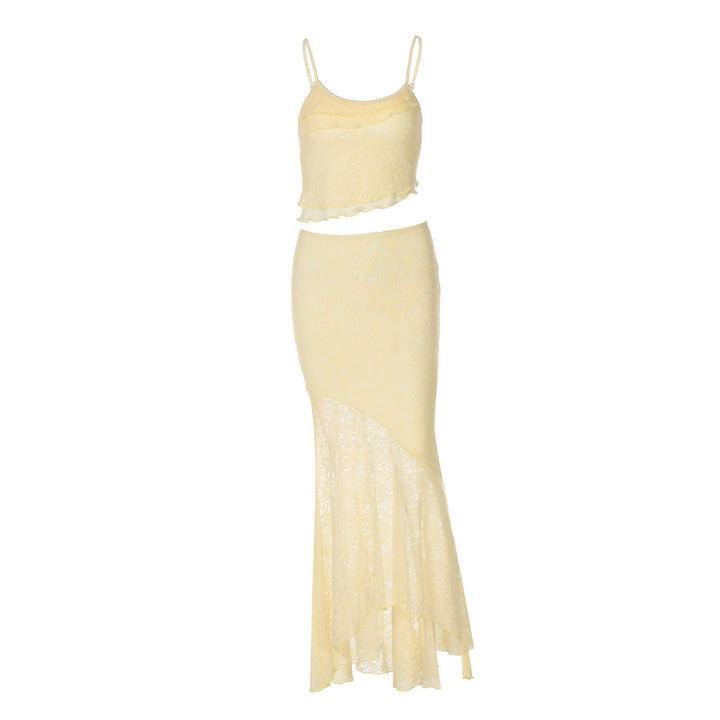 Damen Maxikleid mit transparentem Spitzensaum und raffinierten Rüschendetails Drune