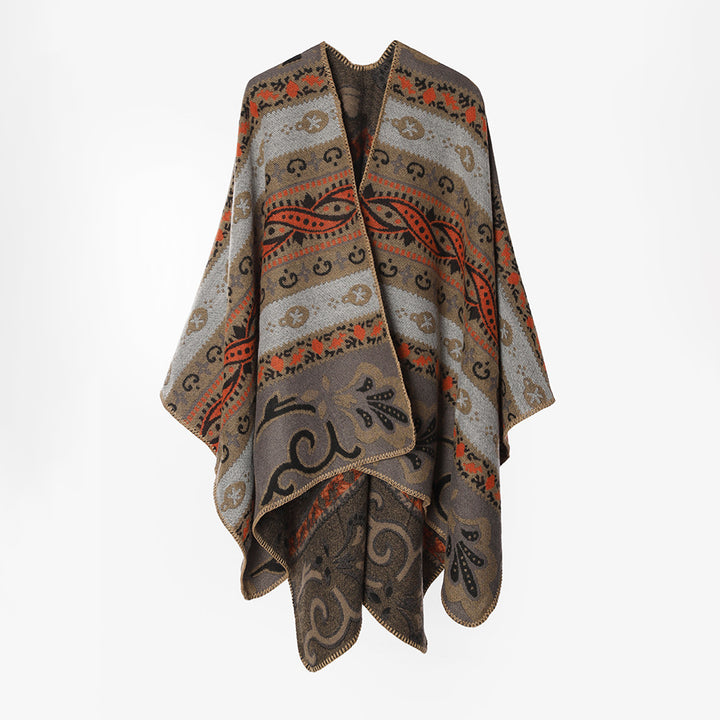 Damen Wohlfühl-Cape mit folklorem Jacquardmuster, offener Front und kontrastierter Kettelnaht Drune