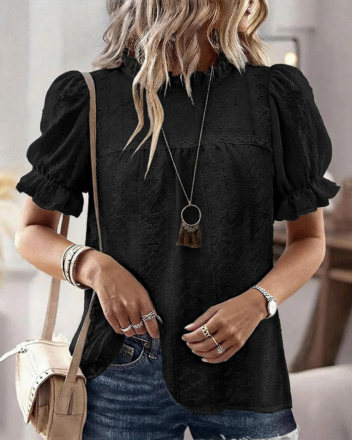 Damen Bluse mit Rüschendetails und Lochmuster Drune