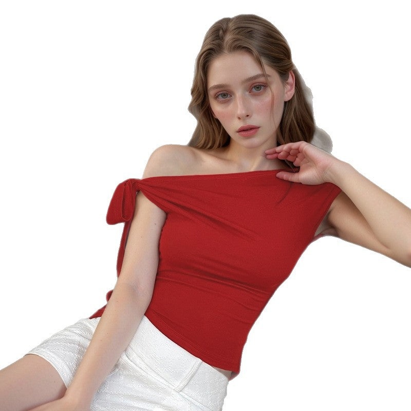 Damen Off-Shoulder Oberteil mit lässiger Schnittführung und dekorativem Knoten Drune