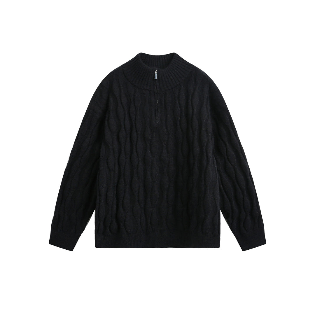 Unisex Grobgestrickter Halfzip-Pullover mit Zopfmuster und Stehkragen Drune