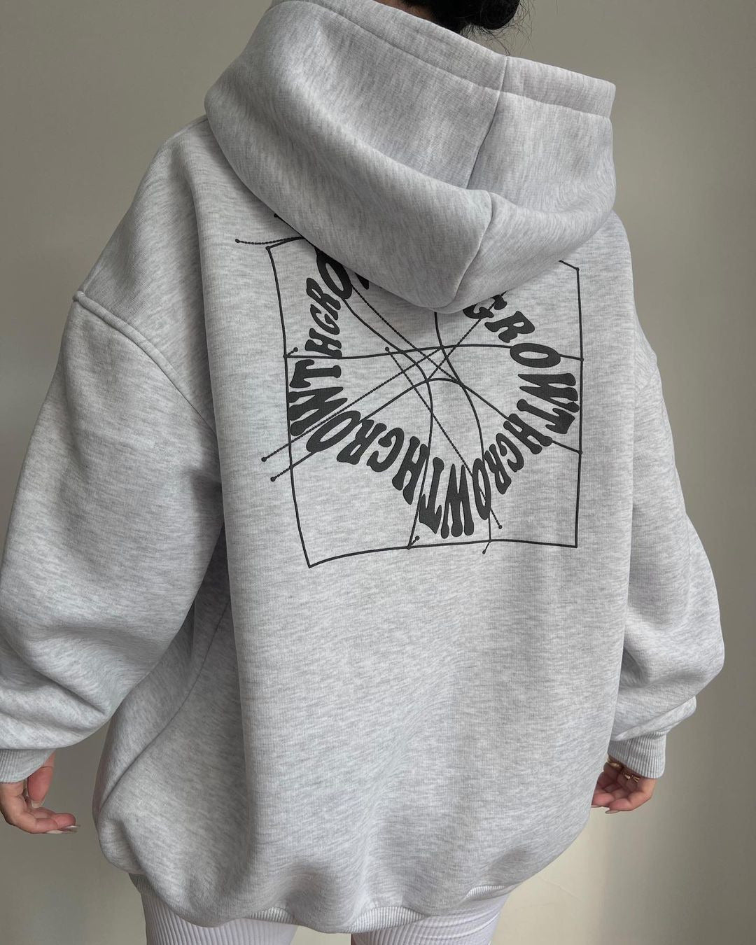 Damen Oversized Kapuzenpullover mit abstraktem Rückenprint und gerippten Bündchen Drune